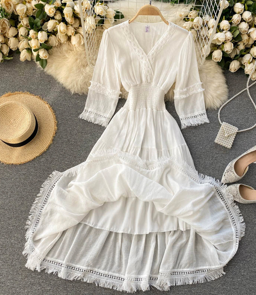White A line lace dress v neck dress  871