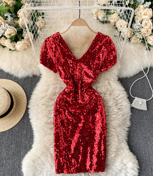 Glänzendes Paillettenkleid mit V-Ausschnitt, kurzes Partykleid 860