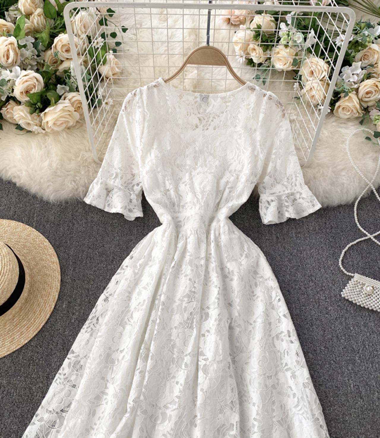 White A line lace v neck dress  793