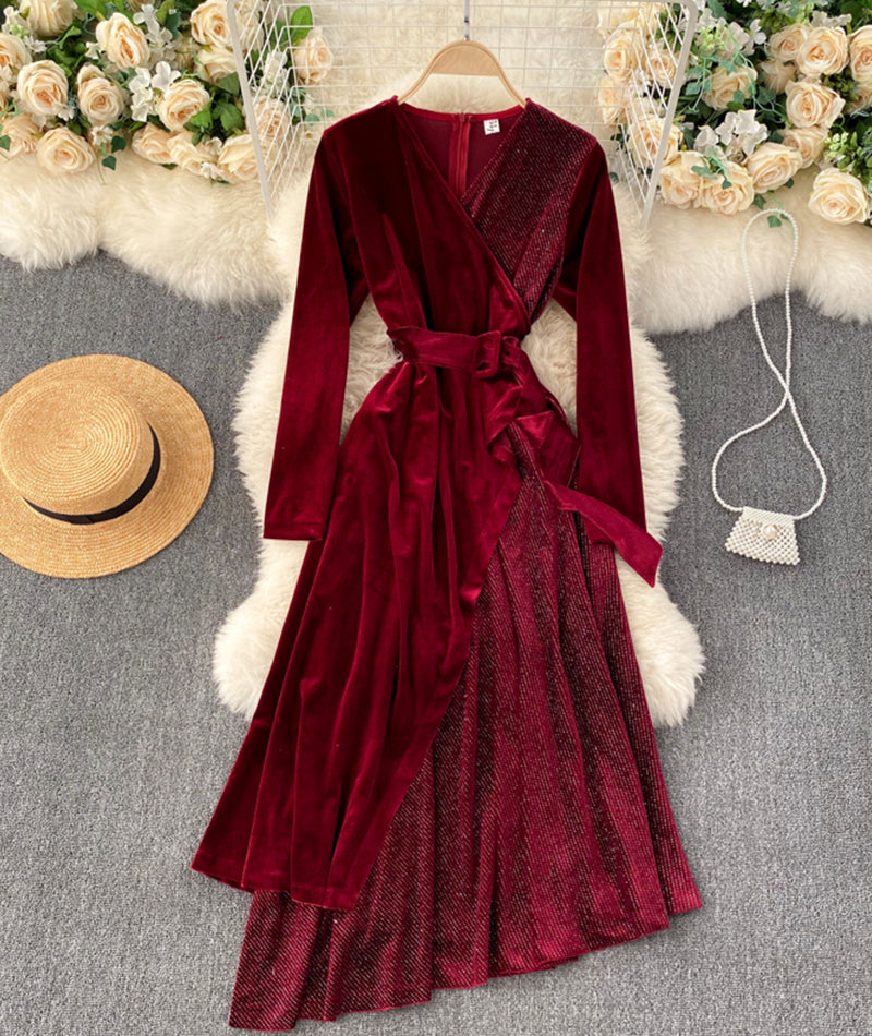 A line v neck cross irregular dress  943