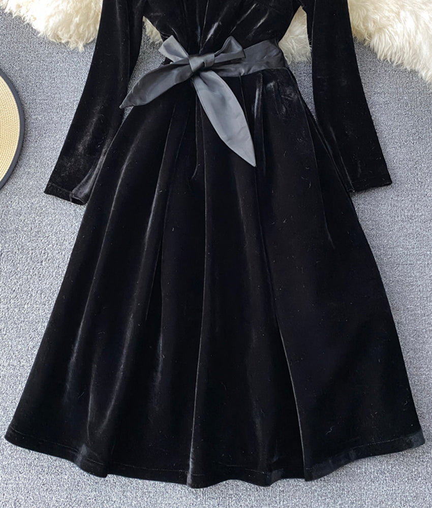 Schwarzes Samt-Langarmkleid Partykleid 890