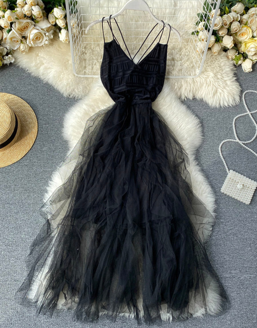 Robe en tulle noire à col en V, robe tendance 1121