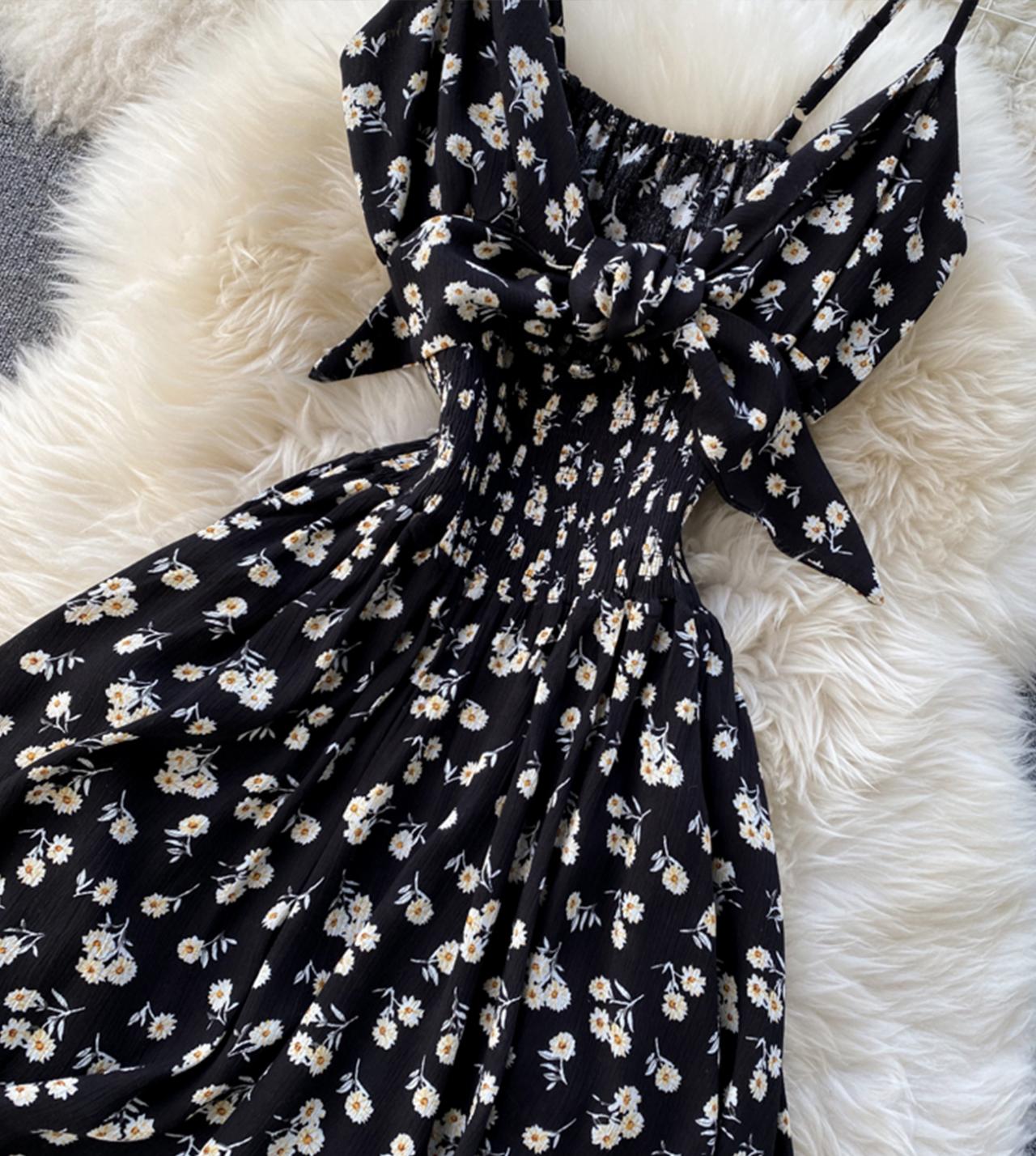 Black A line floral dress with bow  784