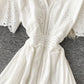 White v neck short sleeve dress fashion dress  1074