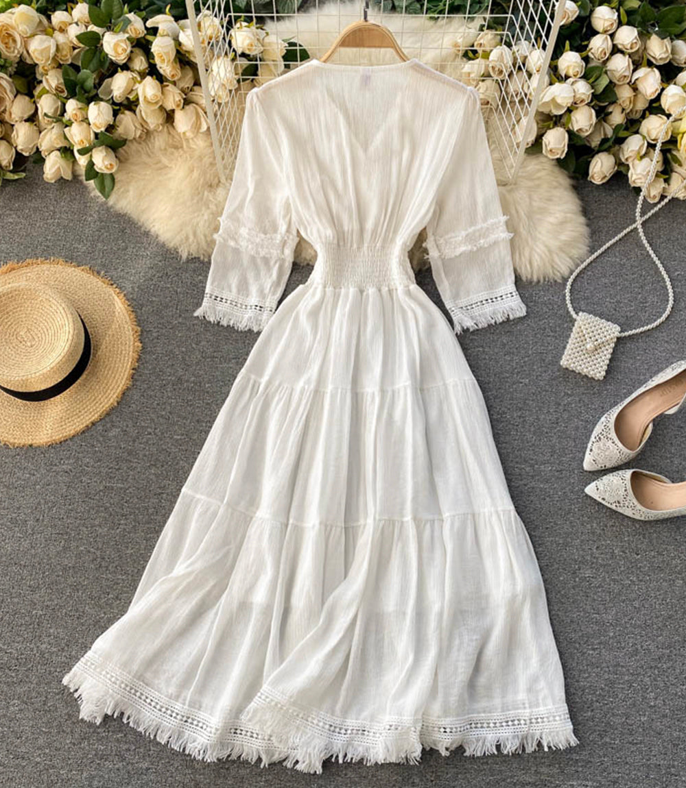 White A line lace dress v neck dress  871