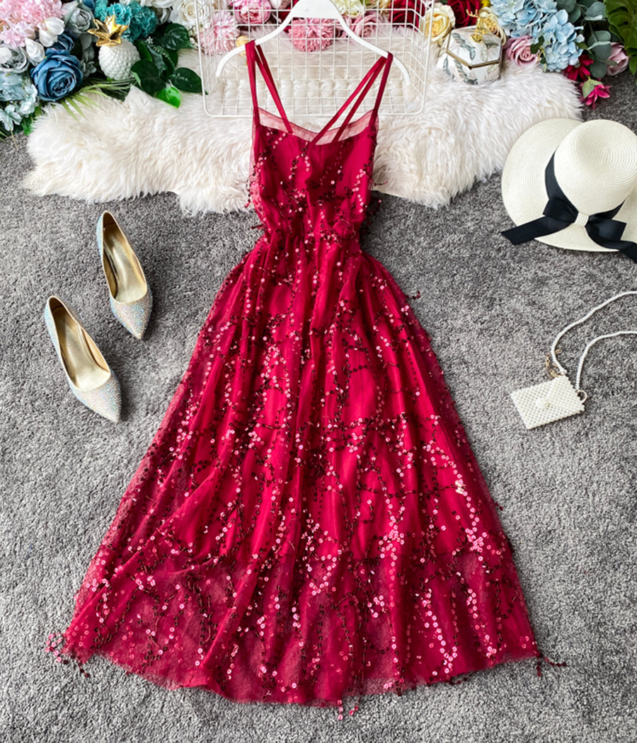 Fashion girl dress A line v neck tulle sequins dress  1234