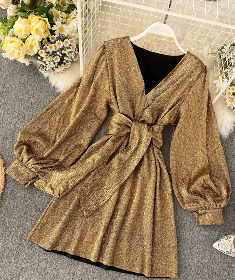 Simple v neck long sleeve short dress 990