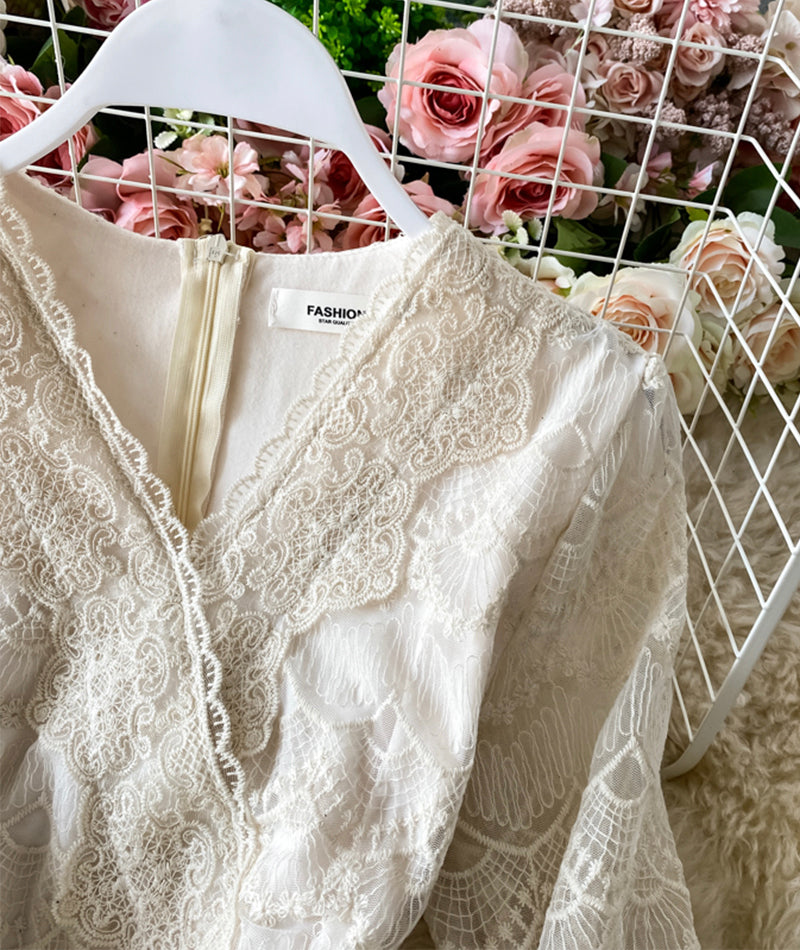 Elegant v neck lace long sleeve dress  966
