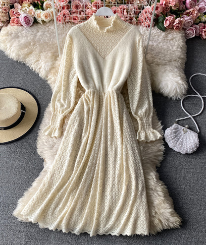 Apricot long sleeve lace dress  957