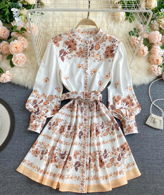 Schlankes, langärmliges Kleid mit Retro-Print 1031 