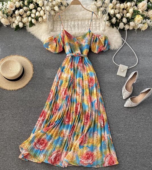 A line v neck floral dress fashion dress  770