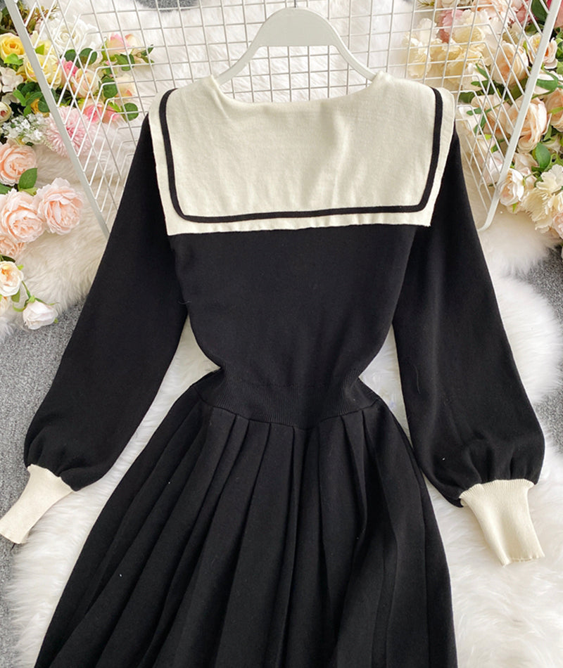 Black navy style knitted dress long sleeve dress  1010