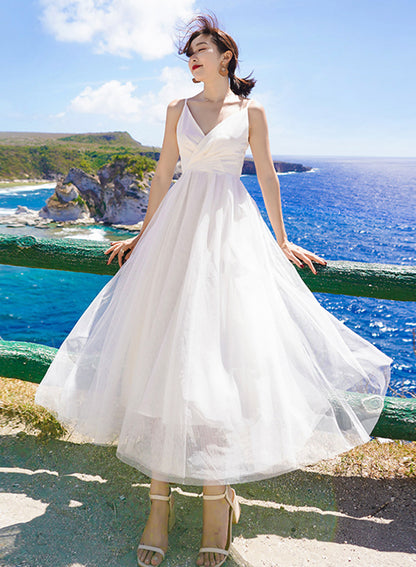 White A line tulle dress summer dress  1213