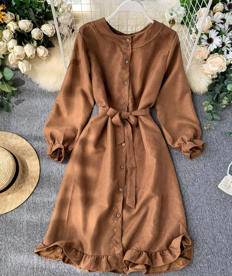 Long sleeve ruffle hem button down dress  1041