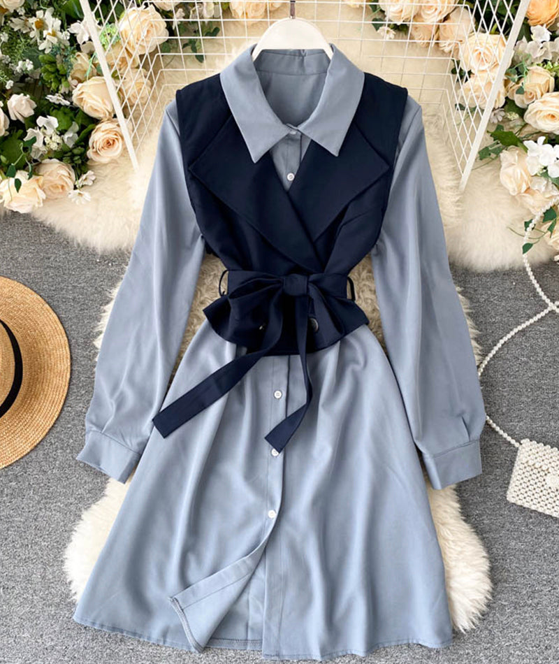 Fashionable vest + long sleeve shirt dress two pieces suit  1025