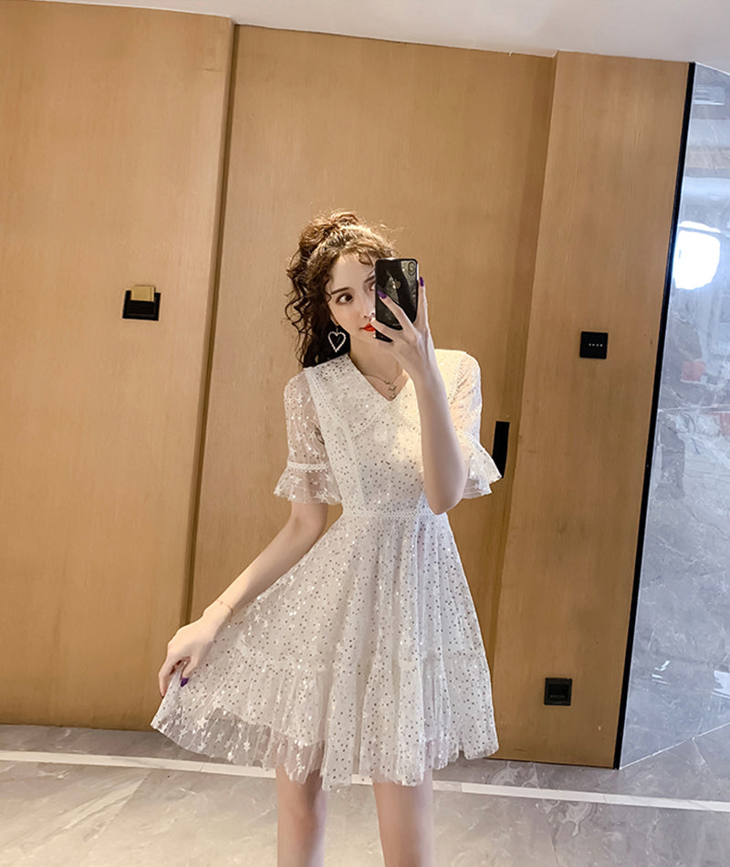 White v neck tulle sequins short dress  1078