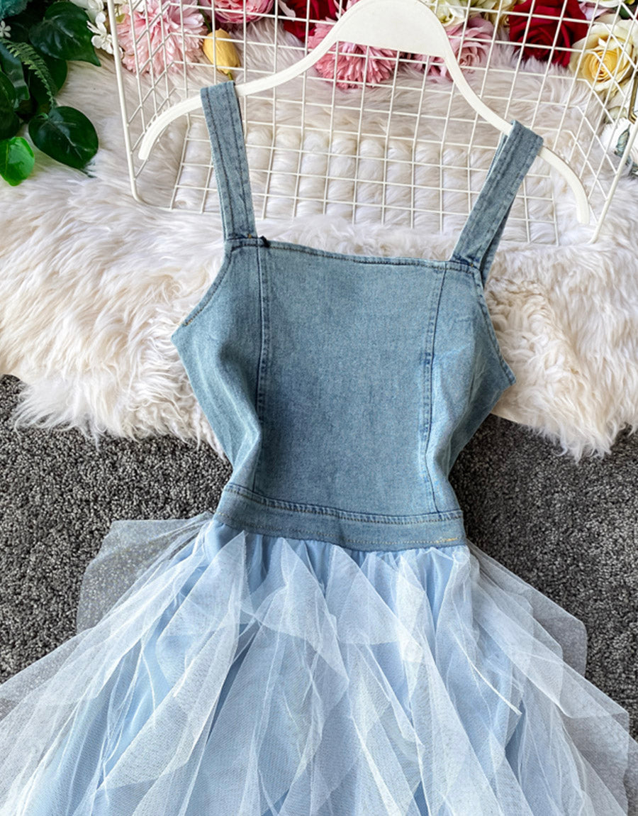 A line denim stitching dress summer dress  1123