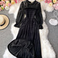 Elegantes schwarzes Samt-Spitzenkleid Langarmkleid 986