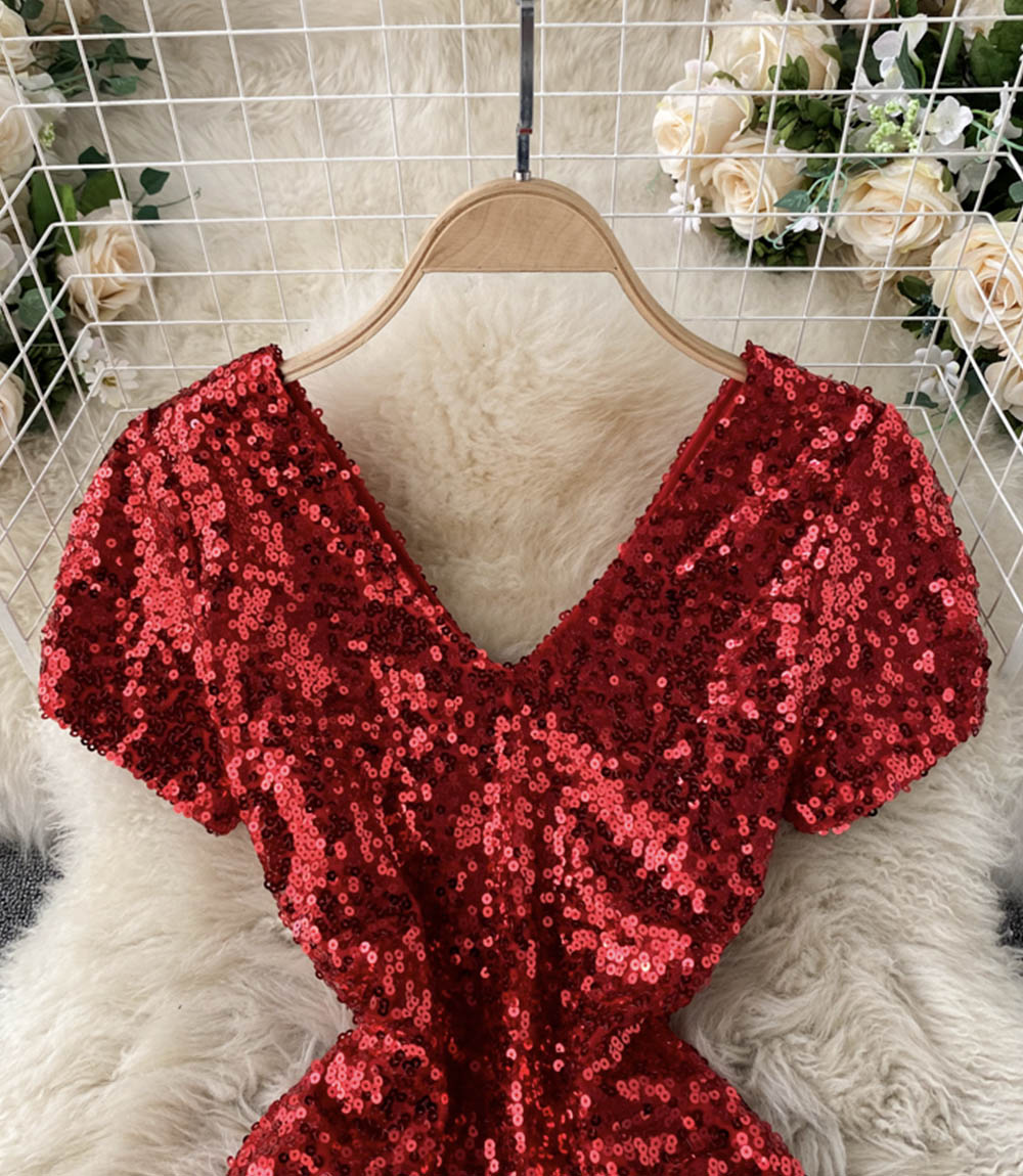 Shiny v neck sequins short dress party dress  860