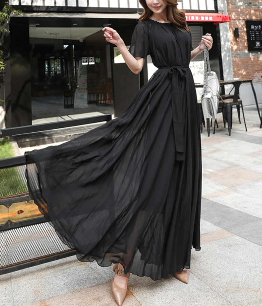 Black chiffon long dress women's dress  1191