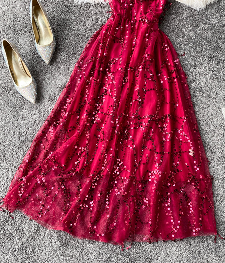 Stylish v neck tulle sequins dress fashion girl dress  1241