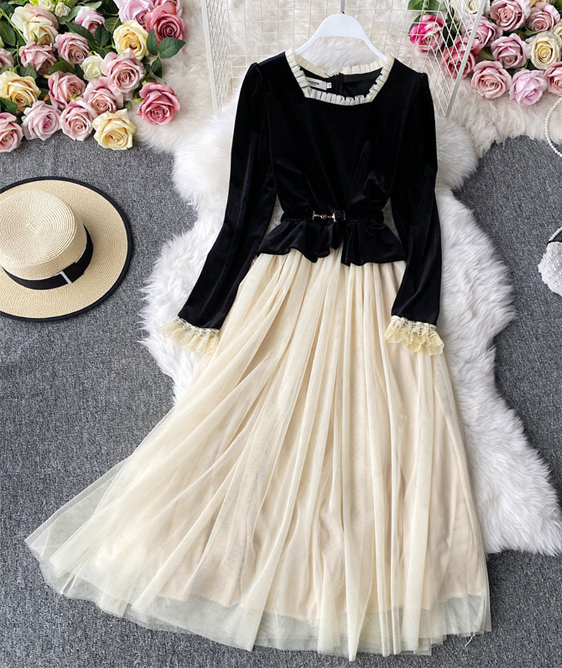 Retro A line velvet dress long sleeve dress  959