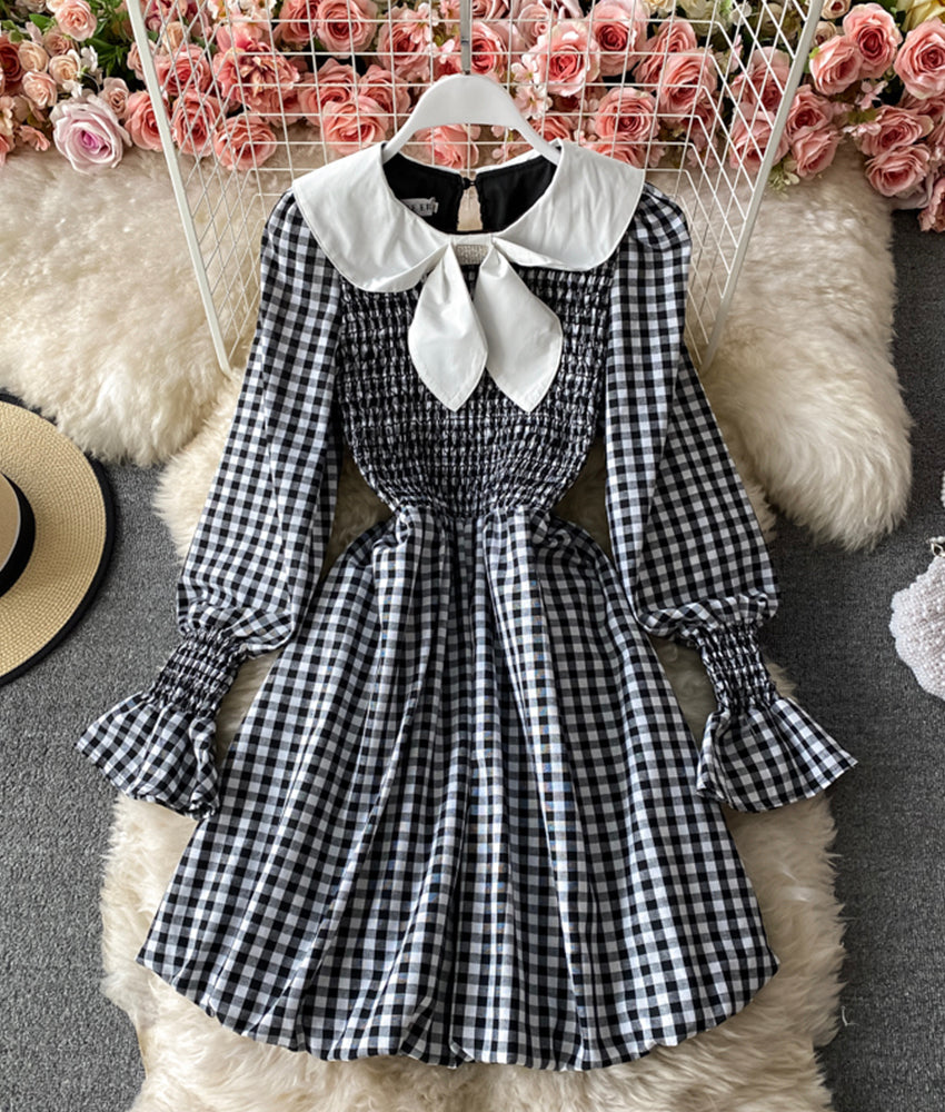 Süßes A-Linie kurzes Kleid schwarz-weiß kariertes Kleid 877