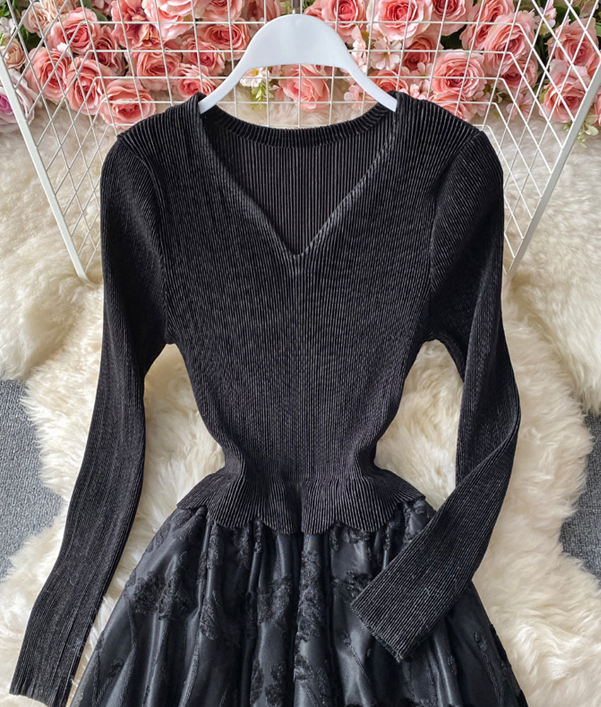 Robe trapèze élégante en patchwork à manches longues 898