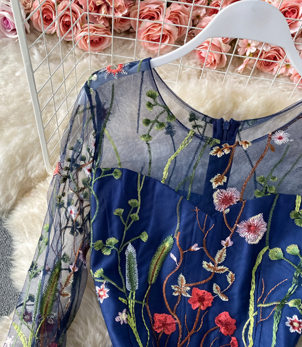 Blue A line tulle dress blue embroidery dress  852