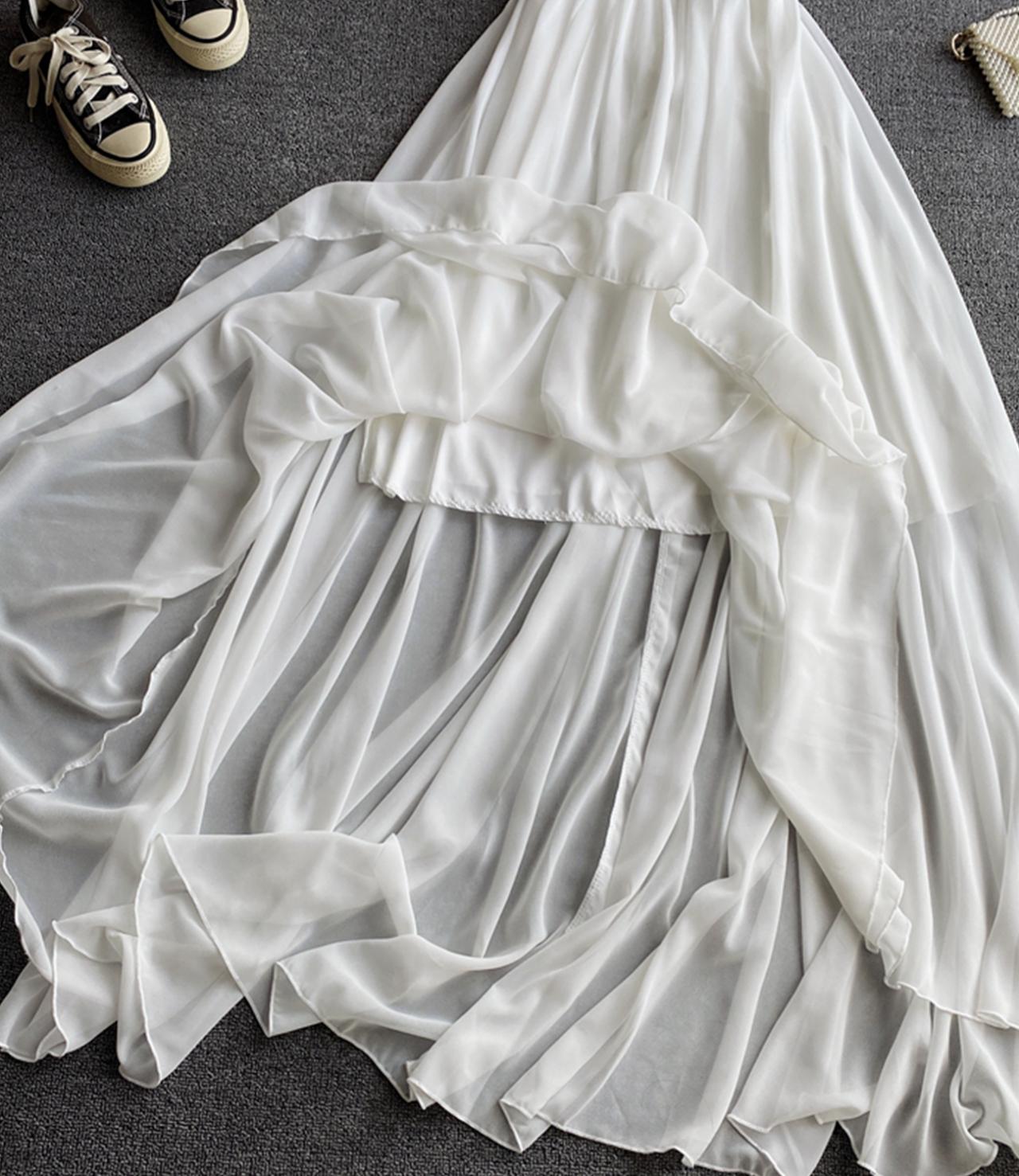 Simple A line chiffon dress white v neck dress  824