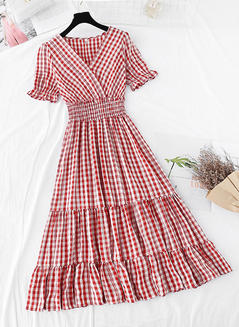 A line v neck plaid dress women's dress  1138