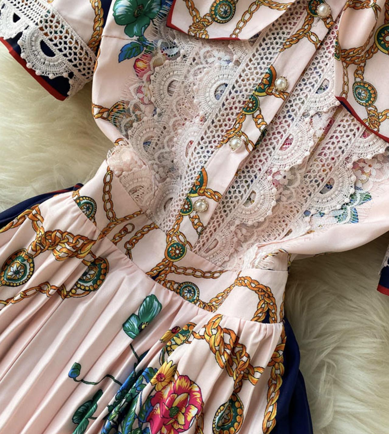 Pink A line floral pattern dress long sleeve dress  795