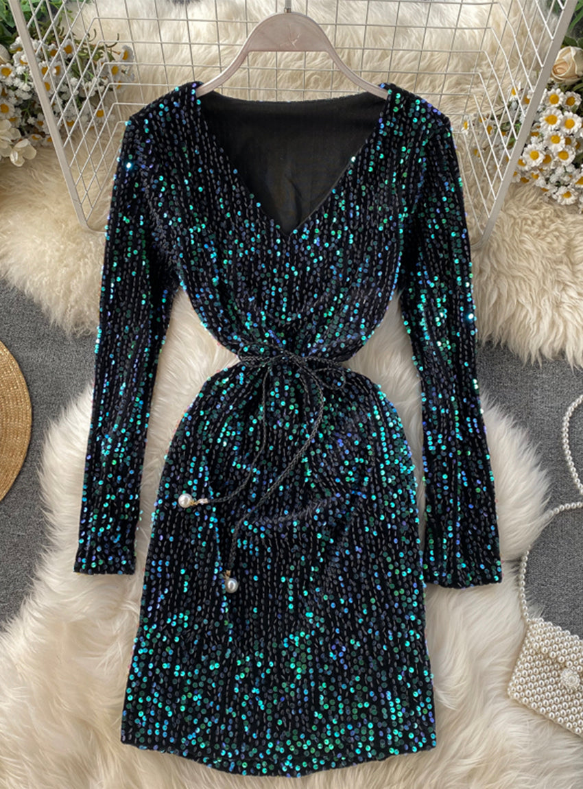 Shiny sequined long-sleeved bag hip short dress women's dress  1173