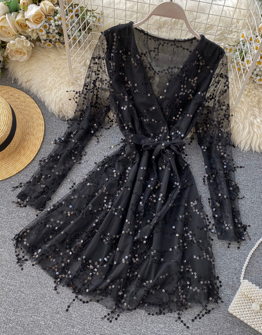 A line v neck tulle sequins dress long sleeve dress  1119