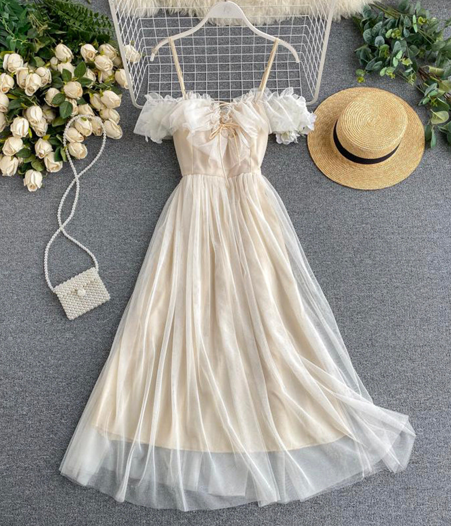 Cute champagne tulle dress summer dress  1244