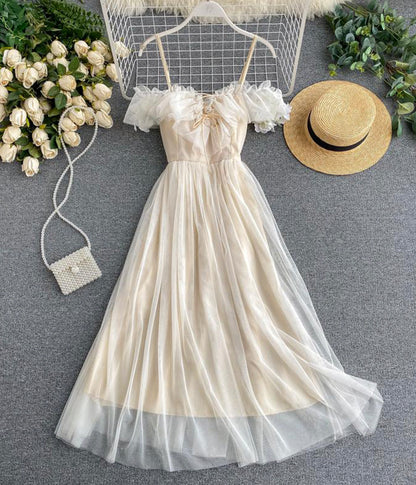 Cute champagne tulle dress summer dress  1244