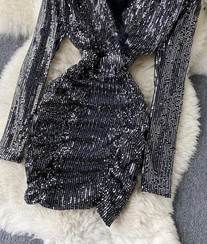 Stylish v neck sequins short dress party dress  906