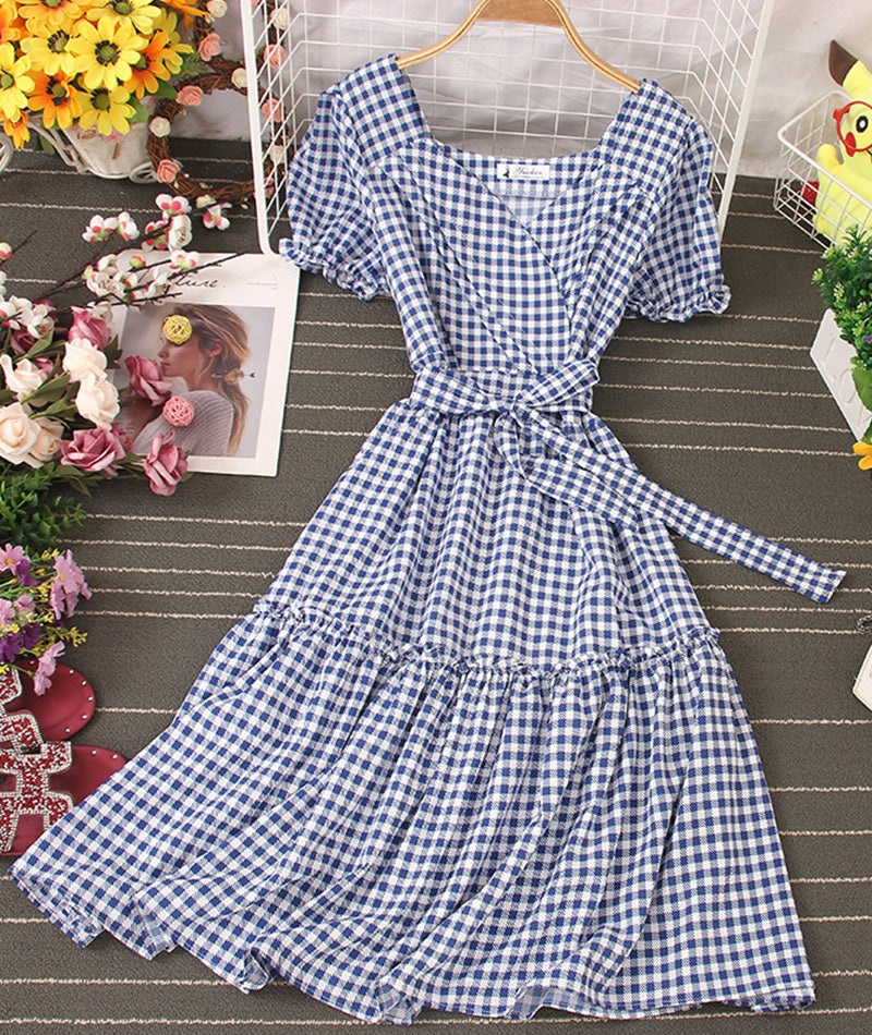 Jolie robe à carreaux Robe courte trapèze 1004