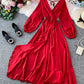 Red A line v neck long sleeve dress women's dress  1066