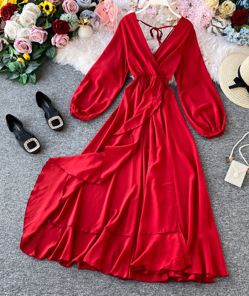 Red A line v neck long sleeve dress women's dress  1066