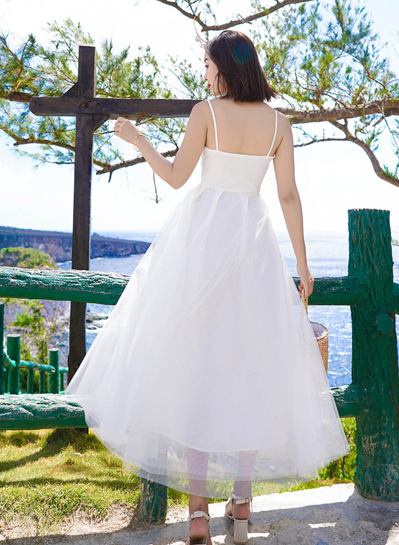 White A line tulle dress summer dress  1213