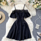 Cute black lace short dress A line off shoulder dress  742