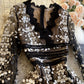 Schwarzes Spitzenkleid mit V-Ausschnitt A-Linie Partykleid 827