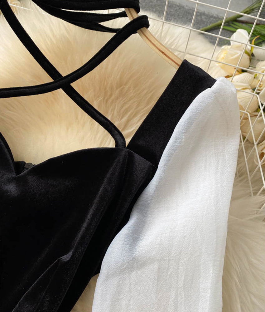 Black velvet and white dress long sleeve dress  905