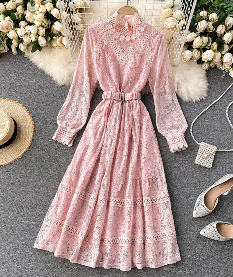 Elegant O-neck lace long sleeve dress  970