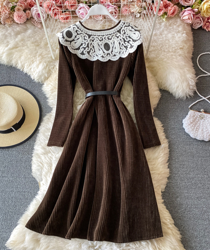 Lovely A line corduroy dress long sleeve lace dress 924 – girlhomeshops