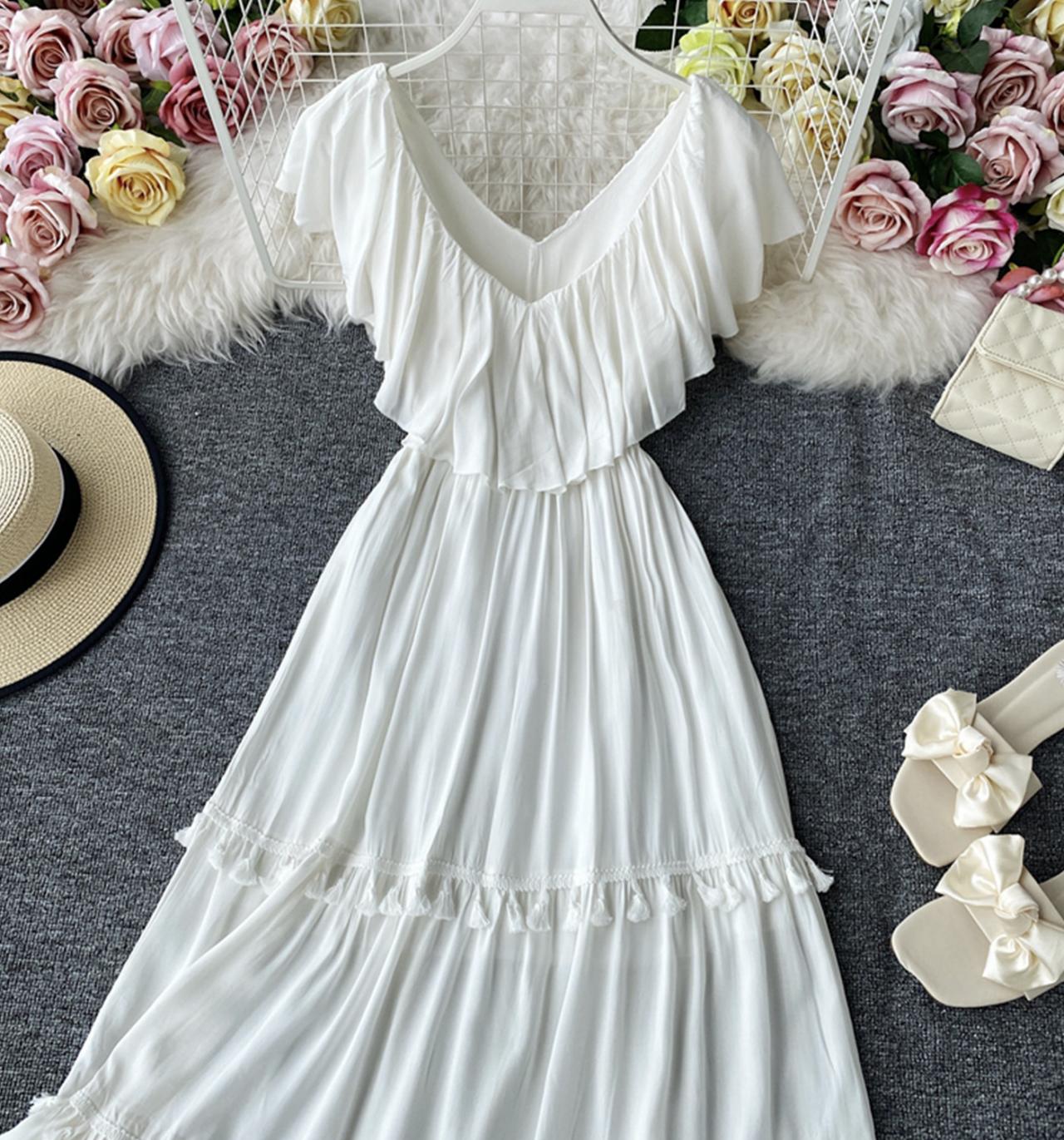 White v neck fringed dress A line fashion dress  743