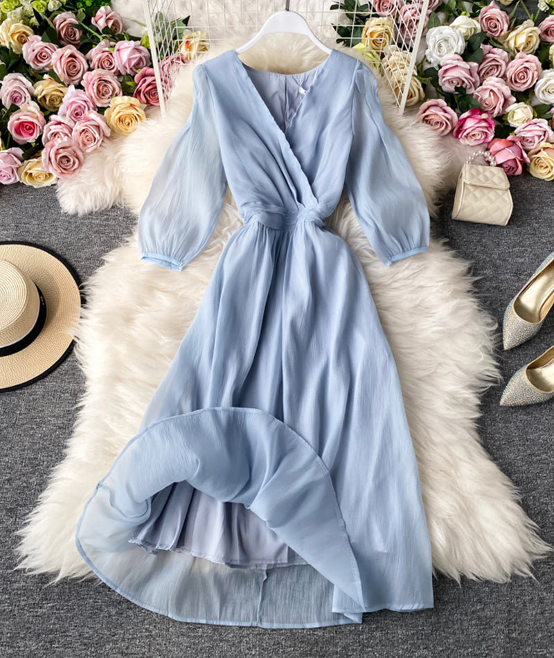 Simple A line v neck tulle dress women's dress  1059