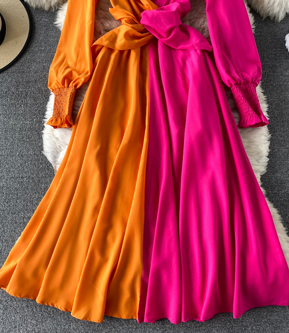 Unique color-blocking long-sleeved dress  869