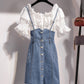 Cute white ruffled top + strap denim skirt  1278